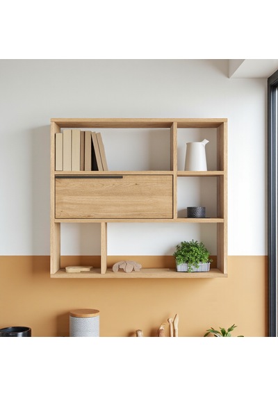 Robin Home Mutfak Salon Duvar Rafı Kitaplık 90cm Kapaklı Sepet Kahverengi