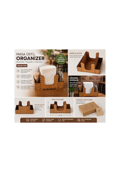 Kişiye Özel Restorant Kafe Masa Üstü Organizer Baharatlık Ve Peçetelik En:21 Cm- Derinlik: 13 Cm - Yükseklik: 10 Cm Ebatında İsim, Ünvan Ve Numara Eklenir