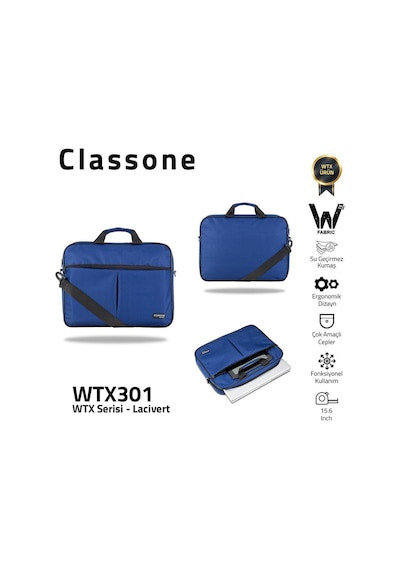 Classone Wtx301 Wtxpro Serisi 15.6 İnch Su Geçirmez Kumaş Apple Uyumlu MacBook , Laptop , Notebook El Çantası- Lacivert