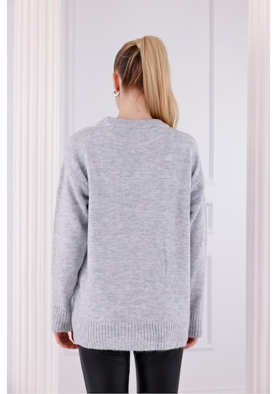 Qscob Bisiklet Yaka Oversize Basic Triko Kazak Gri
