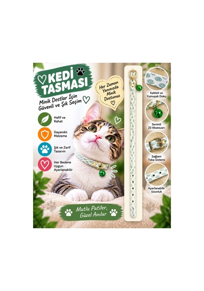 Kedi Tasması Beyaz Yeşil Çiçek Desenli Zilli Ayarlanabilir Boyun Tasması