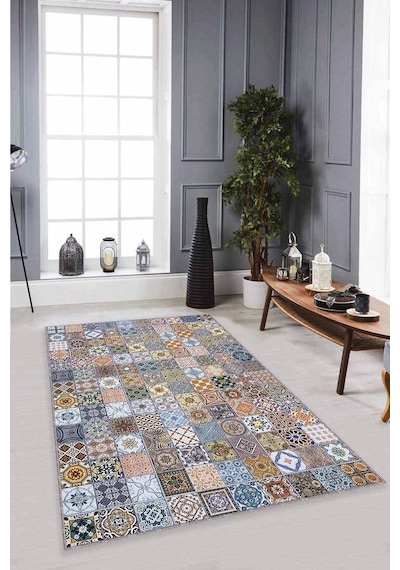 Mavi Çini Desen Kaymaz Taban Makinede Yıkanabilir Halı Mx03n11