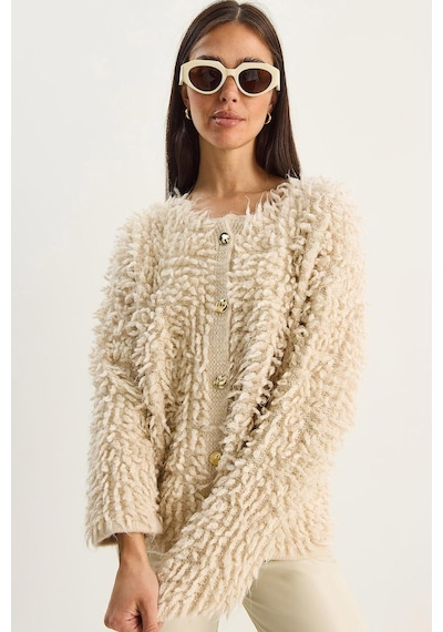 Shade Kadın Oversize Saçaklı Triko Hırka 9062 60283750 - Bej