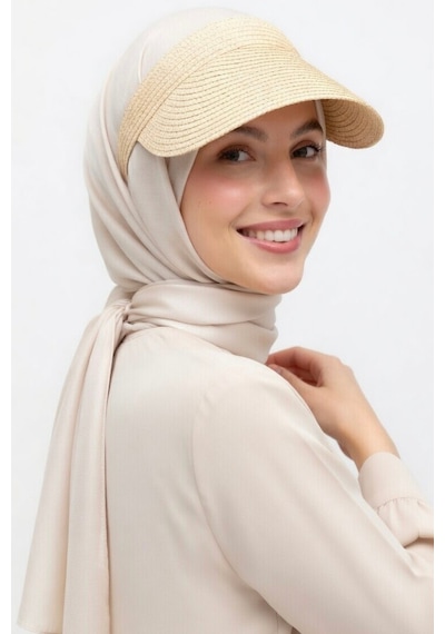 Mollycrush Kadın Luxury Bej Taç Model Hasır Vizör Şapka Tesettür Uyumlu Tenis Golf Siperlik Bej