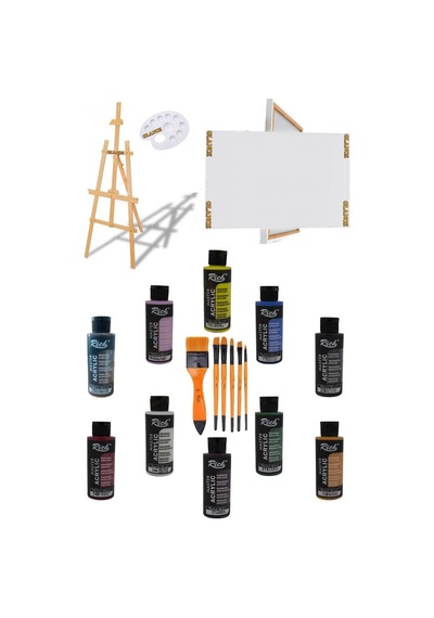 Ayaklı Şövale+50x70 Tuval10'lu Rich Akrilik120 Cc+6'lı Fırça Set
