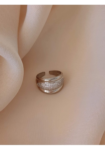 Bombeli Zirkon Taşlı Model Ayarlanabilir Silver Gümüş Renkli Yüzük Silver