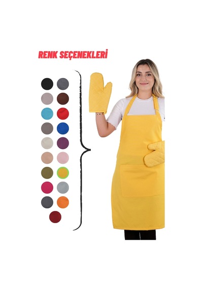 Simple 3lü Set Ayar Askılı Cepli Mutfak Önlüğü Seti 2 Eldiven Şef Garson Kafe Aşçı Barista Sarı