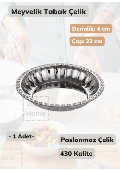 Çelik Meyvelik Tabak 22 Cm Paslanmaz Çelik Tabak Metalik Gri