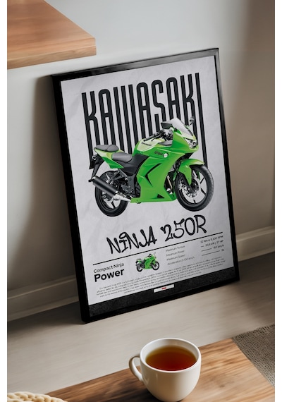 Kawasaki Ninja 250 R Siyah Ahşap Çerçeveli Poster, Dekoratif Motosiklet Duvar Tablosu