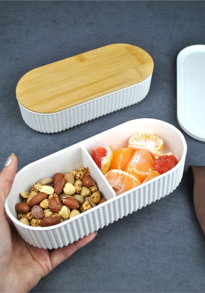 2'li Ahşap Kapaklı Lunch Box Saklama Kabı Ve Beslenme Kutusu - 2x500 Ml Krem