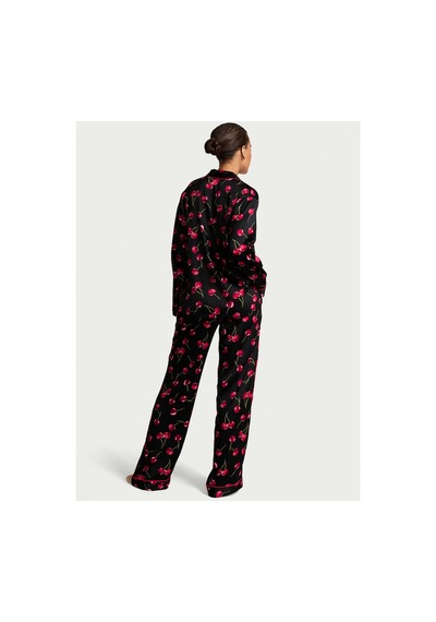 Victoria's Secret Parlak Saten Uzun Pijama Takımı Siyah Kiraz Baskılı