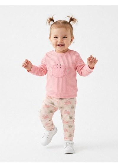 HelloBaby Pamuklu Kelebek Detaylı Taytlı 2li Kız Bebek Takım Pembe