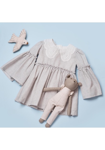 Kız Çocuk Kolları Volanlı Fistolu Bebe Yaka Elbise Gri