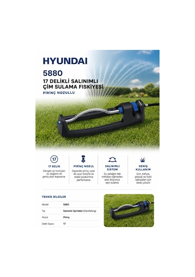 Hyundai 5880 Salınımlı Çim Sulama Fıskiyesi 17 Delik Pirinç Nozul Bahçe Sprinkler