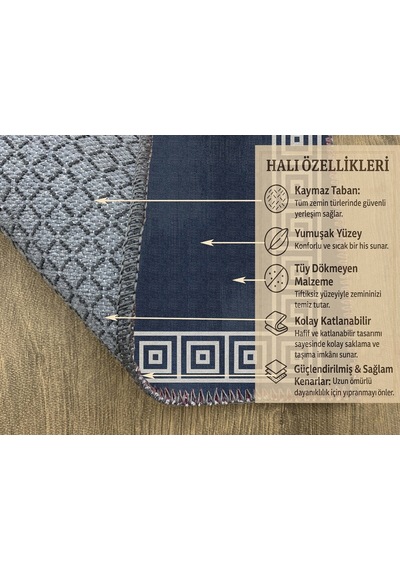 Turkıshrug Kıngdom Lacivert Beyaz Kenarlı Geometrik Şekilli Dijital Baskılı Halı Antre, Mutfak Ve Salon İçin Çok Renkli
