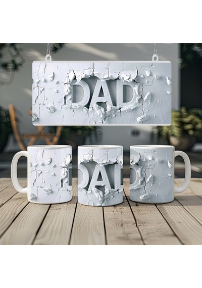 3d Görünümlü Dad Yazılı Kupa Kırık Taş Efektli Tasarım - Baba Kupası Kabartmasız Beyaz