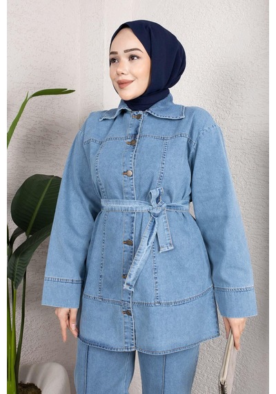 Misskayle Kuşaklı Düğmeli Denim Takım Rahat Kesim İkili Kombin Buz Mavisi Buzmavi