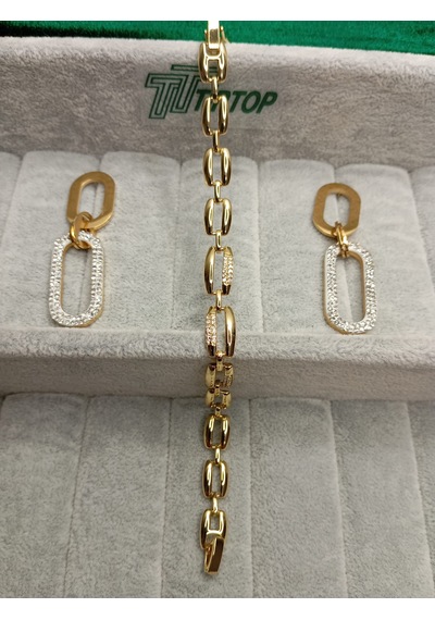 Tiptop/ Gold Renk Zirkon Taşlı Sallantılı Model Çelik Küpe - Zincir Model Zirkon Taşlı Bileklik Gold