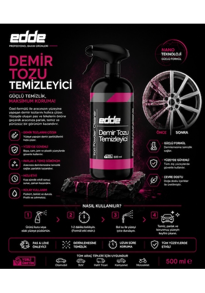 Edde Araba Araç Oto Demir Tozu Sökücü Temizleyici Demir Tozu Temizleme 500 Ml Oto Detailing