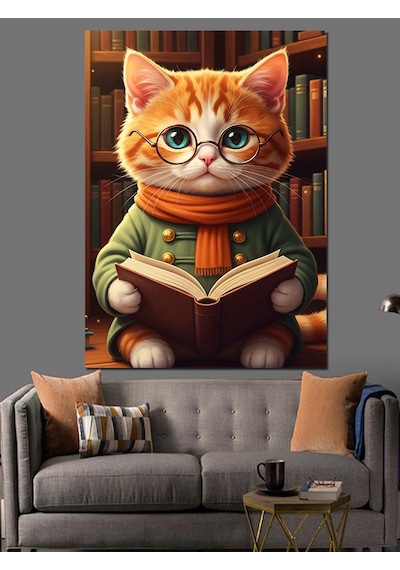 Kitap Okuyan Sevimli Kedi Dekoratif Kanvas - Mdf Ahşap Tablo