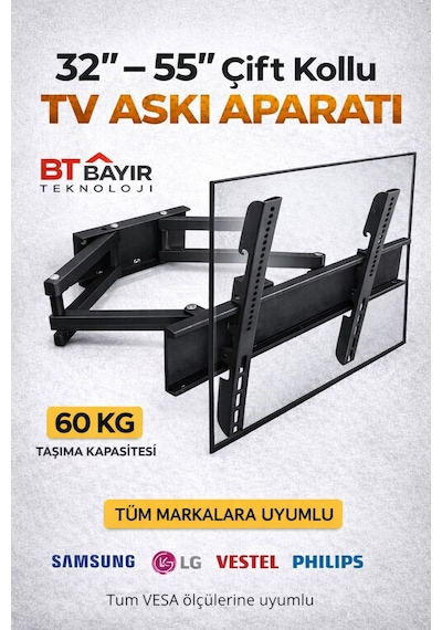 Tüm Markalar Ile Uyumlu Televizyon Çift Kollu Hareketli Duvar Asma Aparatı 32-55''inç Arası