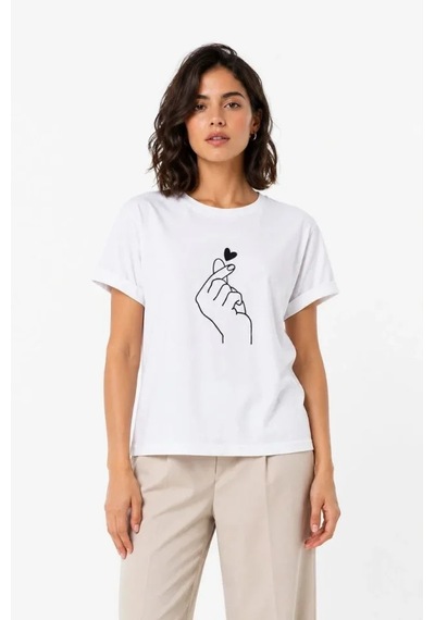 Efnaz Style Kore Parmak Kalp Aşk Temalı Minimal Baskılı Tişört Yazlık Kısa Kol T-shirt - Beyaz