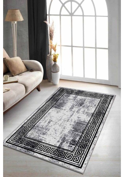 Gri Çerçeveli Kaymaz Tabanlı Makinede Yıkanabilir Halı Ar165n11