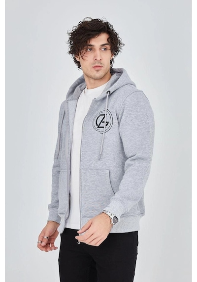 Erkek 3 İplik Pamuklu Fermuarlı Kapüşonlu Kanguru Cepli Baskılı Hoodie Hırka Sweatshirt -gri