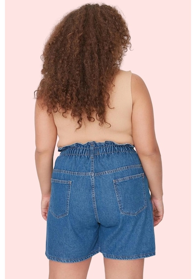 Ersefa Kadın Pamuklu Denim Şort Beli Lastikli Geniş Paça Yazlık Günlük K mavi