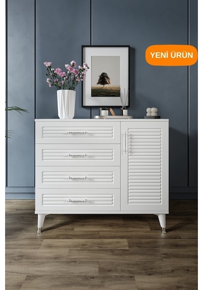 Panjurlu 4 Çekmeceli 1 Kapaklı Şifonyer Modern Tasarım, Mdf Kapak, Beyaz Gümüş Beyaz