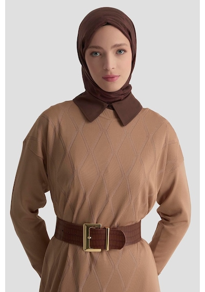 Armine Trend Baklava Desenli Triko Elbise Latte 25ytd957 Açık Kahverengi
