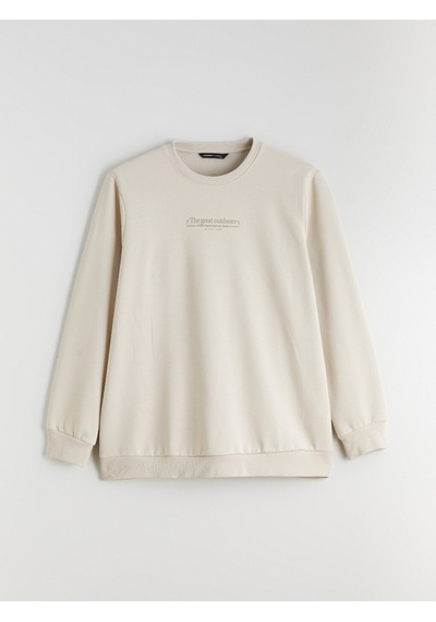 Lcwaıkıkı Classic Bej Büyük Beden Bisiklet Yaka Baskılı Kalın Erkek Sweatshirt