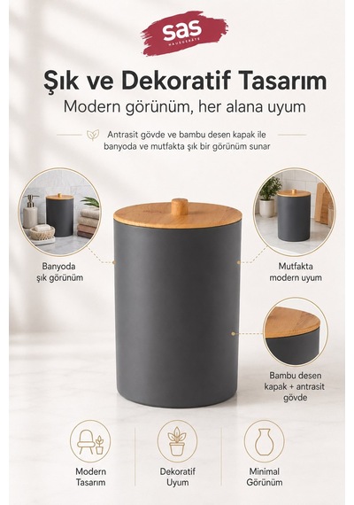 Sas Haus Bambu Desen Kapaklı Plastik Çöp Kovası 7 Litre Antrasit Mutfak Banyo Çöp Kovası Antrasit Gri