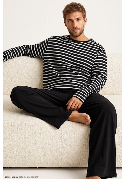 Siyah İnci Çizgi Desenli Pamuklu Örme Pijama Takım 8092 Siyah Beyaz