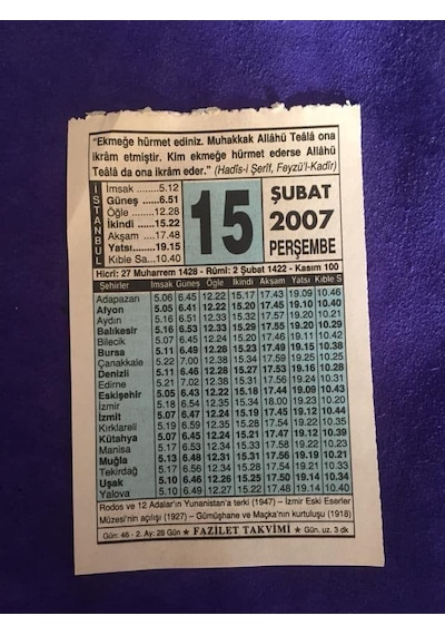 15 Şubat 2007 Takvim Yaprağı - Nostalji Koleksiyonluk Takvim Yaprağı