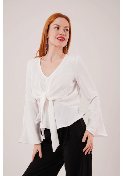 Defymoda Ön Bağlamalı Volan Kol Beyaz Bluz Beyaz