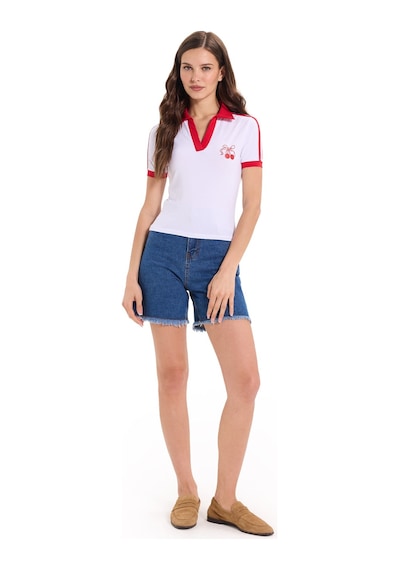 Tudors Kadın Slim Fit Dar Kesim Kısa Kollu Baskılı Omzu Şeritli V Yaka Beyaz Tişört Body-52067