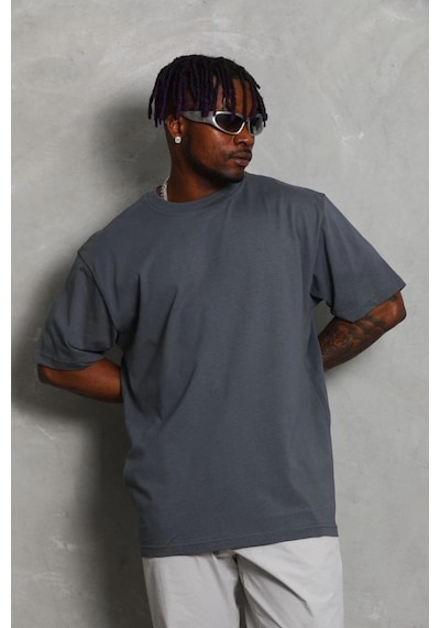 Erkek Düz Yazlık Kısa Kol Tişört Bisiklet Yaka Oversize T-shirt - Füme