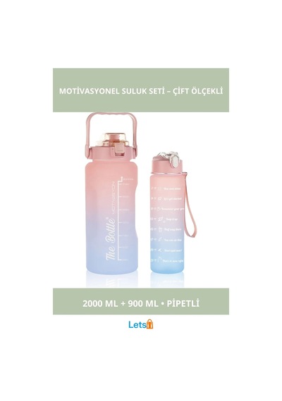 Motivasyonel Su Matarası 2000 Ml Ve 900 Ml Pipetli Çok Renkli