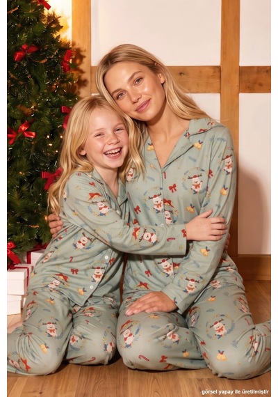 Siyah İnci Yeşil Yılbaşı Temalı Desenli Termal Kumaşlı Ultra Soft Yumuşak Düğmeli Örme Pijama Takımı 26226824