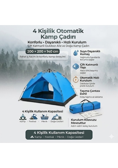 Go İthalat 4 Kişilik Otomatik Kamp Çadırı Çift Katmanlı, Suya Dayanıklı, Hızlı Kurulum Outdoor Ail Açık Mavi