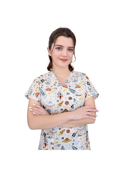 Beyaz Gezegen Desenli Pamuklu Master Likra Tek Üst Forma