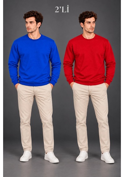 Erkek 2'li Bisiklet Yaka İçi Şardonlu 2 İplik Düz Uzun Kollu Regular Fit Sweatshirt - Mavi & Kırmızı Çok Renkli