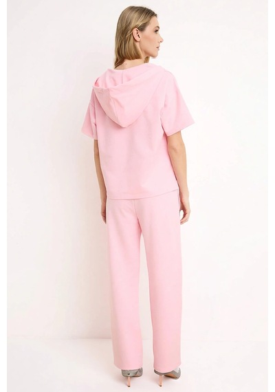 Benerly Kadın Büyük Beden Oversize Düşük Kol Geniş Paça Kapüşonlu Kısa Ko Pembe