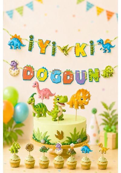 Dinazor Temalı Doğum Günü Parti Seti, İyi Ki Doğdun Flama, Cupcake Ve Pasta Süsü Happy Birthday Dijital Baskı