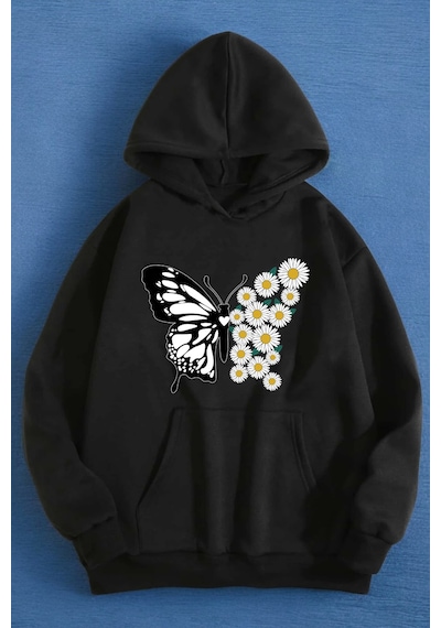 Papatya Kelebek Baskılı Oversize Sweatshirt Siyah
