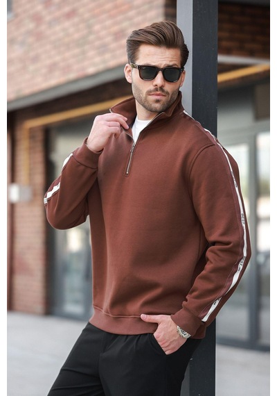Madmext Acı Kahve Fermuarlı Yarım Balıkçı Yaka Erkek Sweatshirt E7164 Acı Kahverengi
