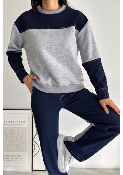 Femelle Beli Lastikli Denim Alt-üst Takım gri