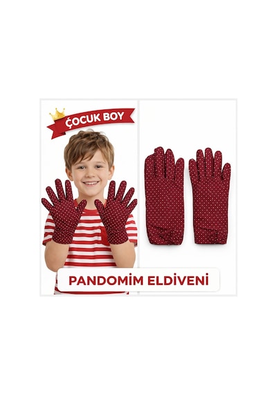 Çocuk Boy Pandomim Eldiveni Beyaz Puantiyeli Bordo Renk Gösteri Eldiveni 23 Nisan 19 Mayıs