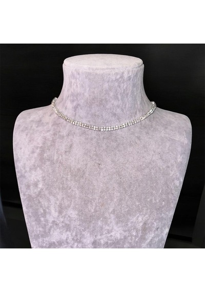 Kırmızı Sanat Evi Full Taşlı İki Sıra Parlak Choker Kolye ve Küpe Seti Gümüş